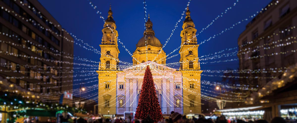 St Stephen’s Basilica illuminated with Christmas lights, Budapest